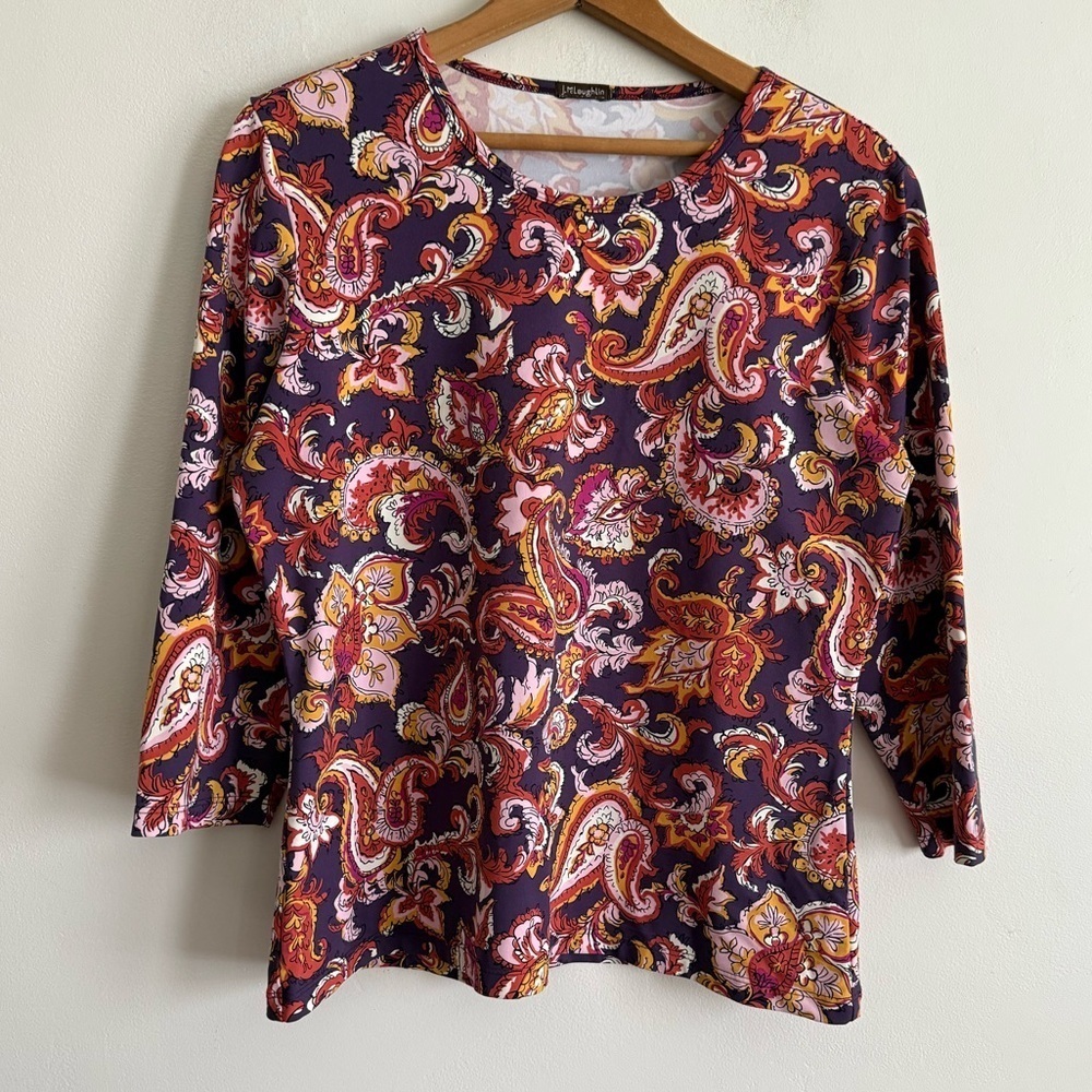 J. McLaughlin Catalina Cloth Paisley Floral Shirt Pullover Purple 3/4 Sleeve - L